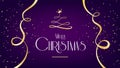 Merry Christmas card with christmas tree, crown and golden confetti on violet background