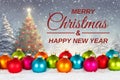 Merry Christmas card with colorful balls baubles tree background decoration winter snow Royalty Free Stock Photo