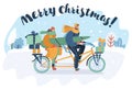 Merry Christmas card. Couple riding a tandem bike.