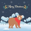 Merry Christmas card with cute bear, cartoon background Royalty Free Stock Photo