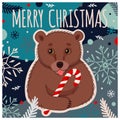 Merry Christmas card with a cute bear and winter elements. Royalty Free Stock Photo