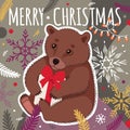 Merry Christmas card with a cute bear and winter elements. Royalty Free Stock Photo