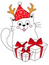 Merry christmas card with cute cat in a santa hat with reindeer horns - doodle illustration Royalty Free Stock Photo