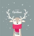 Merry christmas card with cute dear wearing a winter scarf