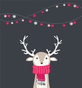 Merry christmas card with cute dear wearing a winter scarf