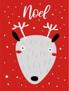 Merry Christmas Card With Cute Deer, Snowflakes, Text. Doodle Winter Holidays, Noel Background, Poster