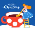 Merry Christmas card with cute elf character making coffee