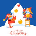 Merry Christmas card with cute elfs characters decorate a tree