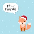 Merry Christmas card with Cute Fox Cartoon Character vectors wearing Santa Claus hat .Kawaii Fox isolated on sky blue background