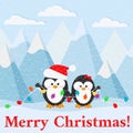 Merry Christmas Card With Cute Penguin Couple With Garland On Arctic Landscape Background.