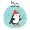 Merry Christmas card with cute skiing penguin.