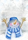 Merry Christmas card. Cute snowman cartoon, greeting card for winter holidays Royalty Free Stock Photo