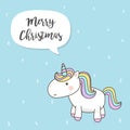 Merry christmas card with Cute Unicorn Cartoon Character vectors with pastel rainbow .Kawaii Filly Unicorn, Fairytale pony