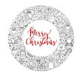 Merry Christmas card decor, Xmas line icons on emblem