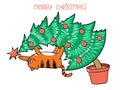 Merry Christmas card design. Cute cat on Christmas tree.