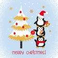 Merry Christmas card design with cute doodle penguins and fir tree.