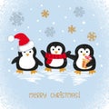 Merry Christmas card design with cute doodle penguins.