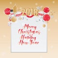 Merry Christmas Card Design. Greeting Christmas card template on gold background.