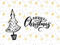 Merry Christmas card design with hand drawn tree and calligraphy caption. White background with yellow stars and black