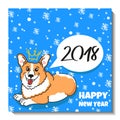 Merry Christmas card design. Holiday postcard with puppy Welsh Corgi Pembroke, text, snow and funny figures.