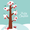 Merry Christmas card design trees with white snow on the branches, birds and red christmas decorations. Candy, balls, stars, sock, Royalty Free Stock Photo