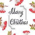 Merry Christmas card design with watercolor rowan branches