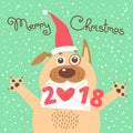 Merry Christmas 2018 card with dog. Funny puppy congratulates on holiday.