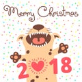 Merry Christmas 2018 card with dog. Funny puppy congratulates on holiday.