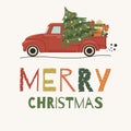 Merry Christmas card with festive lettering and vintage red truck