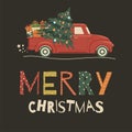 Merry Christmas card with festive lettering and vintage red truck