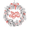 Merry Christmas Card. Festive Wreath Of Fir Branches, Holly, Garland Lights. Graphic Vector Illustration