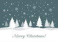 Merry Christmas card with fir tree silhouettes and snowflakes