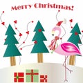Merry christmas card with flamingo cartoon illustration