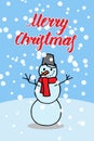 Merry Christmas card in funny cartoon style. Vector illustration with typography, smiling snowman and falling snow. Cute Royalty Free Stock Photo