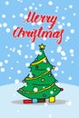 Merry Christmas card in funny cartoon style. Vector illustration with typography, Christmas tree with gifts and falling snow. Cute