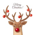 Cartoon Christmas illustration. Funny Rudolph red nose reindeer isolated on white. Vector. Royalty Free Stock Photo