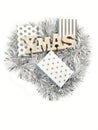 Merry Christmas card with gift boxes, silvered ribbons and balls isolated in white background Royalty Free Stock Photo