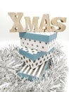 Merry Christmas card with gift boxes, silvered ribbons and balls isolated in white background Royalty Free Stock Photo