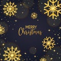 Merry Christmas card with glitter gold snowflakes, glowing lights and stars. Luxury banner with falling particles and Royalty Free Stock Photo