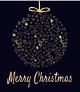 Merry Christmas card with gold Christmas decoration. Hand drawn.