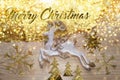 Merry christmas card with golden decor and deer