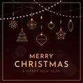 Merry Christmas card with golden ornaments