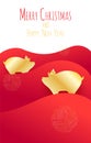 Merry Christmas card with golden pigs in flat design on red background. Vector