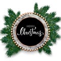 Merry Christmas card with hand lettering, fir twigs, marble and