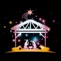 Merry christmas card with holy family in stable Royalty Free Stock Photo