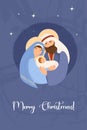 Merry Christmas card. Holy Family. Virgin Mary, saint Joseph and baby Jesus Christ on blue background. Birth of Savior Royalty Free Stock Photo