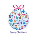 Merry Christmas card with icons in christmas ball Royalty Free Stock Photo