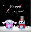 Merry christmas card of kawaii snowman and snowgirl on night landscape background