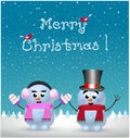 Merry christmas card of kawaii snowman and snowgirl on winter landscape background