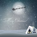 Merry christmas card with night landscape, house, moon, santa claus riding sledge. Royalty Free Stock Photo